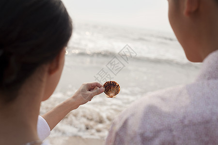 年轻夫妇站立看着海滩上的贝壳 在肩膀的一角图片