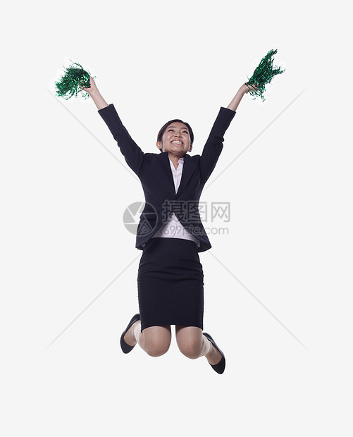 女商务人士跳跃和欢呼商务人士情绪乐趣黑发影棚女性长发绒球队长图片