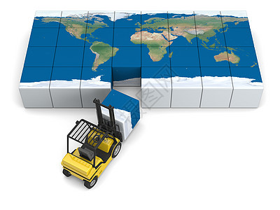 全球运输托盘车辆店铺地球叉车装载机货物后勤船运工作图片