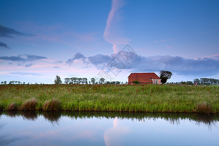 荷兰农田中通过运河建造的农舍图片