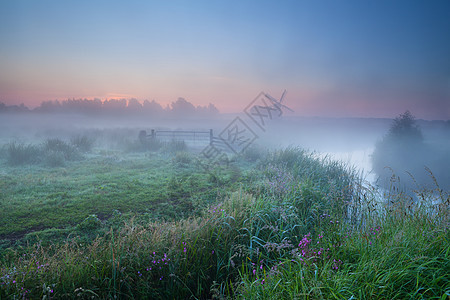 浓密的晨雾和风车图片