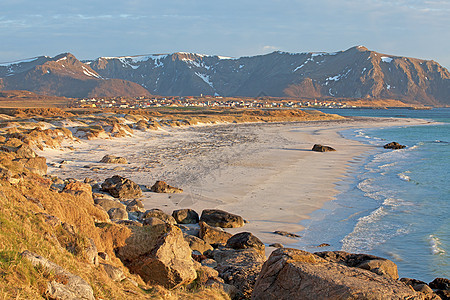 挪威湾旅行海洋顶峰孤独群岛天空山脉风景海滩乡村图片