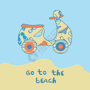 夏日插图 海滩边有摩托车太阳手绘墙纸车辆艺术品镜子假期发动机速度蓝色图片
