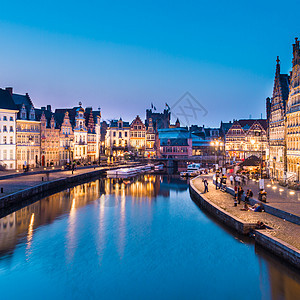 比利时 欧洲根特的莱河岸夜生活港口天空石头城市窗户历史明信片绅士银行图片