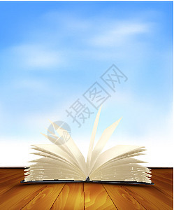 在蓝色背景面前的木地板上打开一本书 Vecto图片
