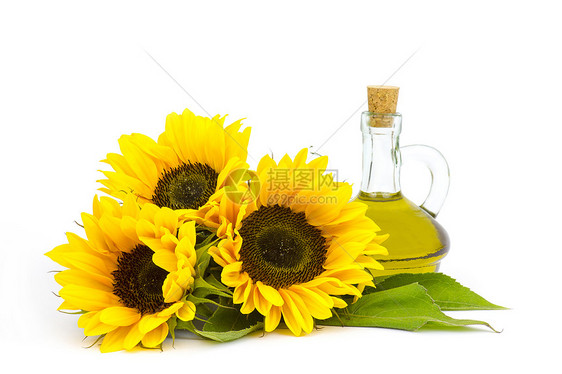 装有向日葵花油和向日葵花的玻璃瓶图片
