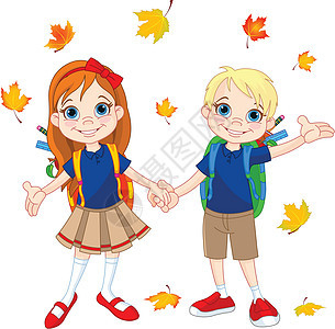 男女儿童准备上学孩子学生学校卡通片叶子童年幼儿园女孩背包喜悦图片