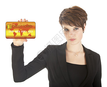 持有孤立白种背景的信用卡的年轻女青年图片
