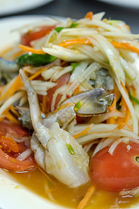 辣辣木薯沙拉盘子辣椒海鲜食物蔬菜松坦绿色螃蟹木瓜美食图片