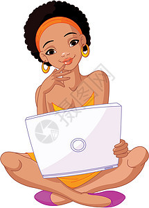 坐在膝上型电脑垫子上的非洲青年妇女图片
