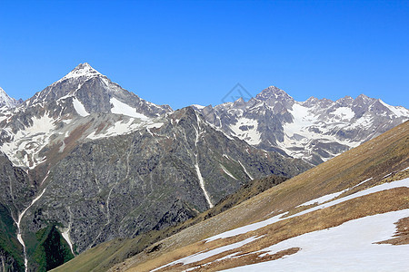 俄罗斯高加索地区的落基山脉地区冰川悬崖风景顶峰岩石首脑石头爬坡高度图片