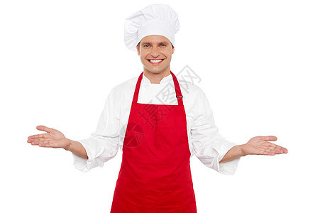喜悦的厨师欢迎他的客人烹饪食物工作手势职业快乐厨房面包师食谱男人图片