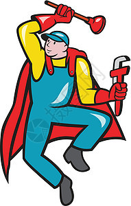 超级木材管道插头 Wrench 卡通扳手水管工零售商工人艺术品男性修理工插图活动超级英雄图片