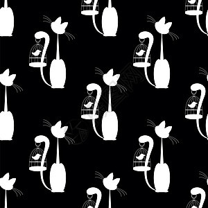 无缝模式插图宠物猫咪小猫卡通片艺术绘画卷曲黑色快乐图片