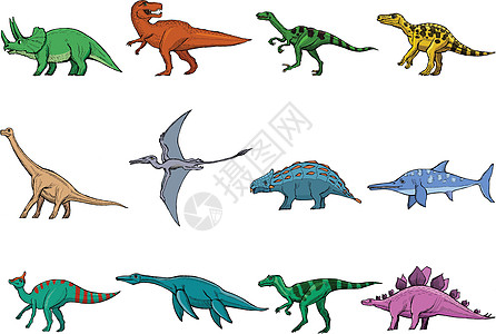 不同的恐龙集动物手绘草图捕食者剑龙插图古生物学怪物鱼龙侏罗纪图片