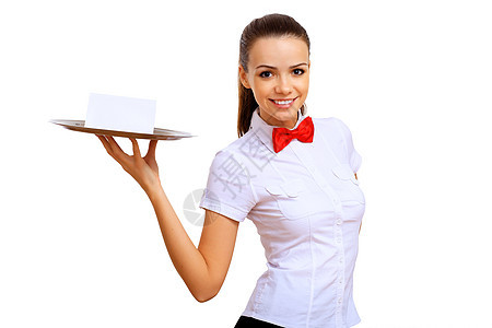 年轻女服务员 带空托盘桌子用餐工作餐饮盘子工人男性女孩快乐玻璃图片