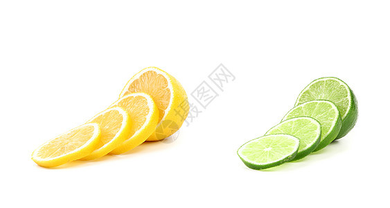莱姆和柠檬片白色工作室柠檬绿色宏观热带黄色果汁叶子水果图片