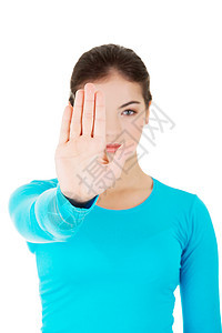 等一等 年轻女子的手势停止手指命令危险挑战入口女性成人白色戏剧性信号图片