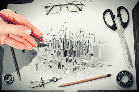 建筑工程项目草稿眼镜绘画建筑学草图文档设计师铅笔剪刀工程图片
