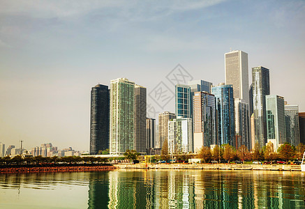 芝加哥市中心城市风景天空支撑全景反射天际城市建筑学市中心摩天大楼海军图片