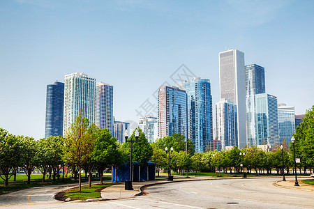 芝加哥市中心 早上IL摩天大楼天际景观金融城市建筑学全景办公室天空建筑图片