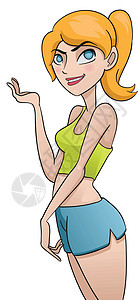 可爱的女士卡通片青少年金发涂鸦健身房女性黄头发马尾辫短裤绿色图片