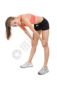 有吸引力的年轻女子在单独跑步后伸展腿部哑铃体操闲暇瑜伽健身房微笑活力女士身体娱乐图片