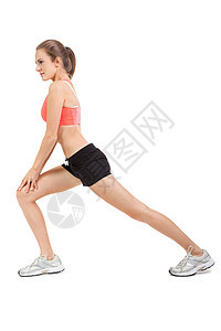 有吸引力的年轻女子在单独跑步后伸展腿部女士活动健身房哑铃娱乐女孩运动员健康体操身体图片