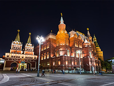 克里姆林宫附近的莫斯科夜景博物馆街道星星中心文化旅游历史正方形圆顶历史性图片