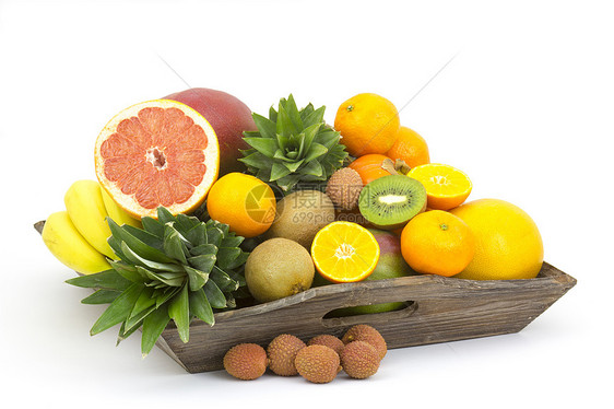 木质上新鲜水果杂货店荔枝橙子奇异果柚子菠萝托盘香蕉柿子热带图片