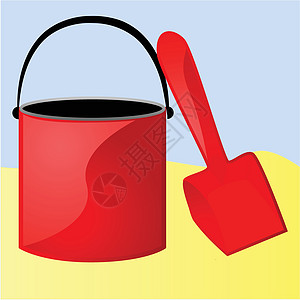水桶和铁铲玩具童年海滩插图红色艺术沙箱图片