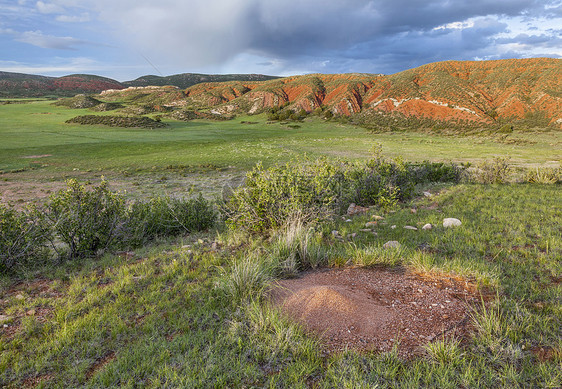 科罗拉多山区牧场草原崎岖草地范围石头前端红色悬崖蚁巢绿色图片