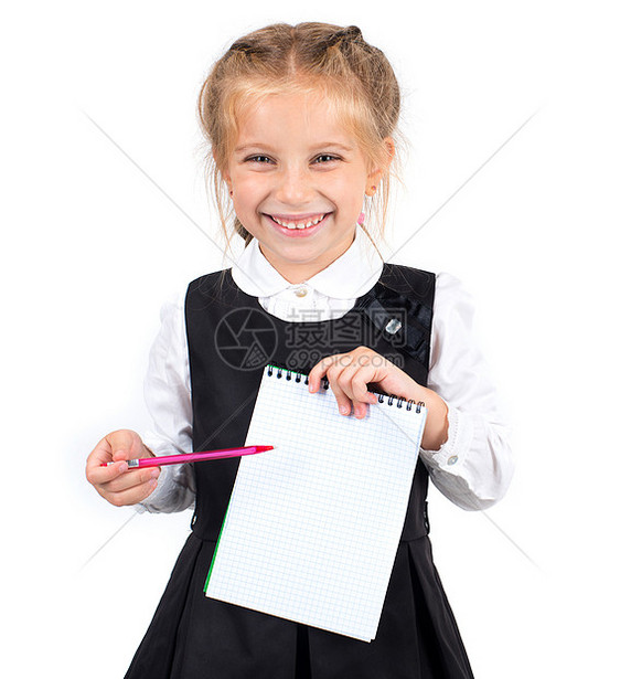 带笔记本的女中学生展示推介会微笑广告牌孩子乐趣横幅女性床单广告图片