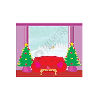 带有圣诞树的客厅内时装室内花朵窗帘眼镜扶手椅小玩意儿装潢摆设房间窗户风格图片