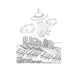 外国奶牛绑架草地村庄手绘插图飞船金属宇宙动物小说涂鸦图片