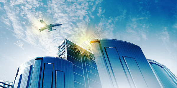 天空中的平地街道玻璃建筑学喷射旅行中心客机办公室公司运输图片