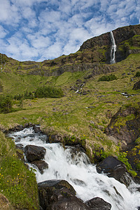 冰岛的瀑布力量旅行石头丘陵草地山脉天空绿色巨石蓝色图片