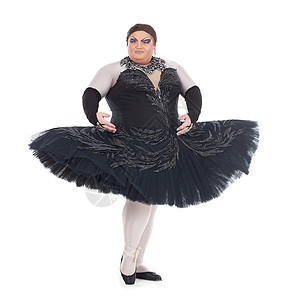 龙女皇在礼裙里跳舞运动裙子胖子演员男人漫画乐趣纱布艺人舞蹈家图片