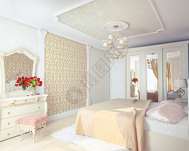 卧室室内公寓镜子建筑学风格渲染住宅家具小地毯插图装饰图片