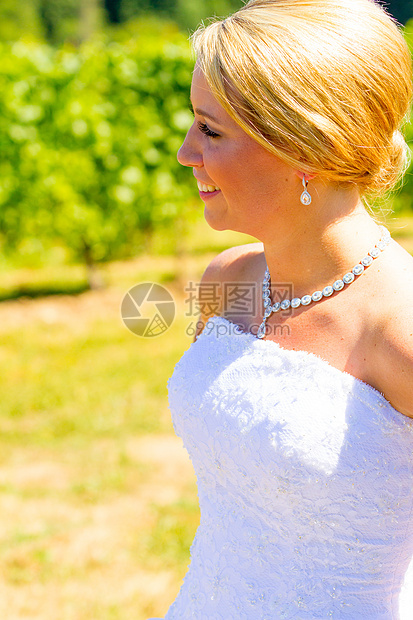 新娘结婚之日的新娘裙子婚礼酒厂女士白色幸福礼服葡萄园婚姻金发图片