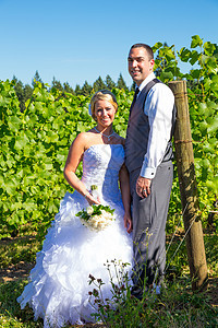 新娘和Groom的肖像婚礼夫妻白色婚姻裙子男人套装幸福葡萄园酒厂图片