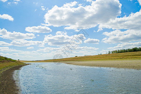 河流草原天空小溪池塘反射卷云支撑晴天蓝色海岸图片