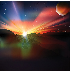 日出和山峰的抽象背景星系橙子地平线森林蓝色天空岩石行星阳光太阳图片