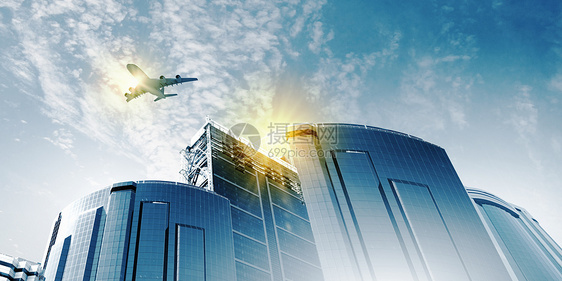 天空中的平地公司摩天大楼街道玻璃地标建筑喷射客机飞机办公室图片