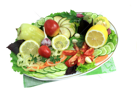 蔬菜和水果盘子 白种背景上展示的萝卜市场饮食维生素茄子洋葱树叶黄色大蒜食物图片