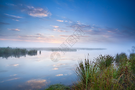湖面上清晨平静的薄雾图片