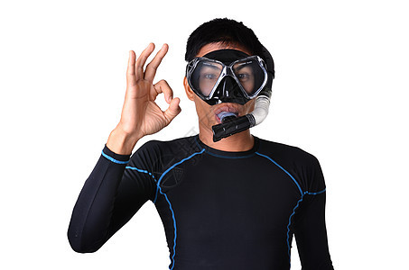 隔离了带有潜水设备的男子运动身体活动泳装男人旅游黑色工作室培训师白色图片