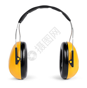 听到保护者孤立在白色背景上的声音安全噪音黄色工业健康黑色耳套工作听力手筒图片