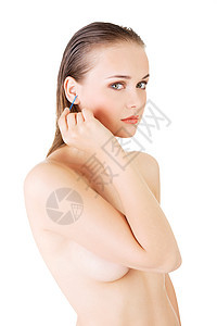 女人在用棉布洗耳朵时 面对紧闭的面孔身体女性黑发化妆品清洁工耳聋洗澡吸水性耳环洗涤图片