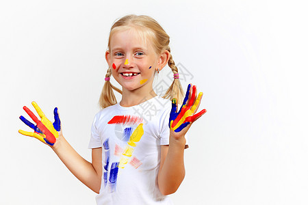 手上涂着油漆的幸福的孩子幼儿园身份指纹艺术家手指工艺画家艺术喜悦教育图片